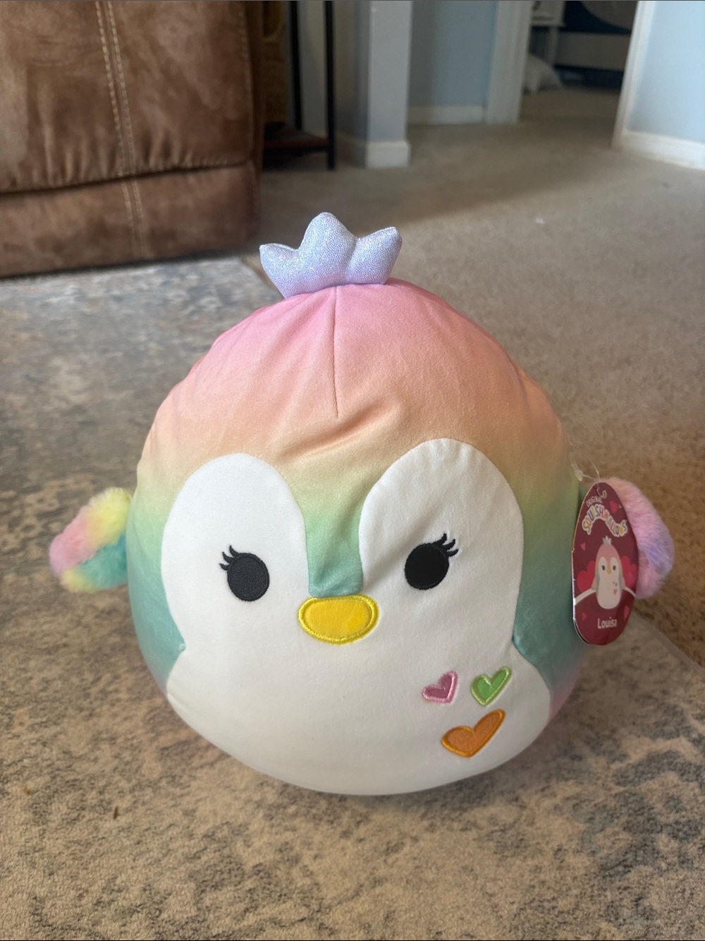 Squishmallows Louisa the Rainbow Penguin Pink Plush Pillow with Rainbow Logo Tag